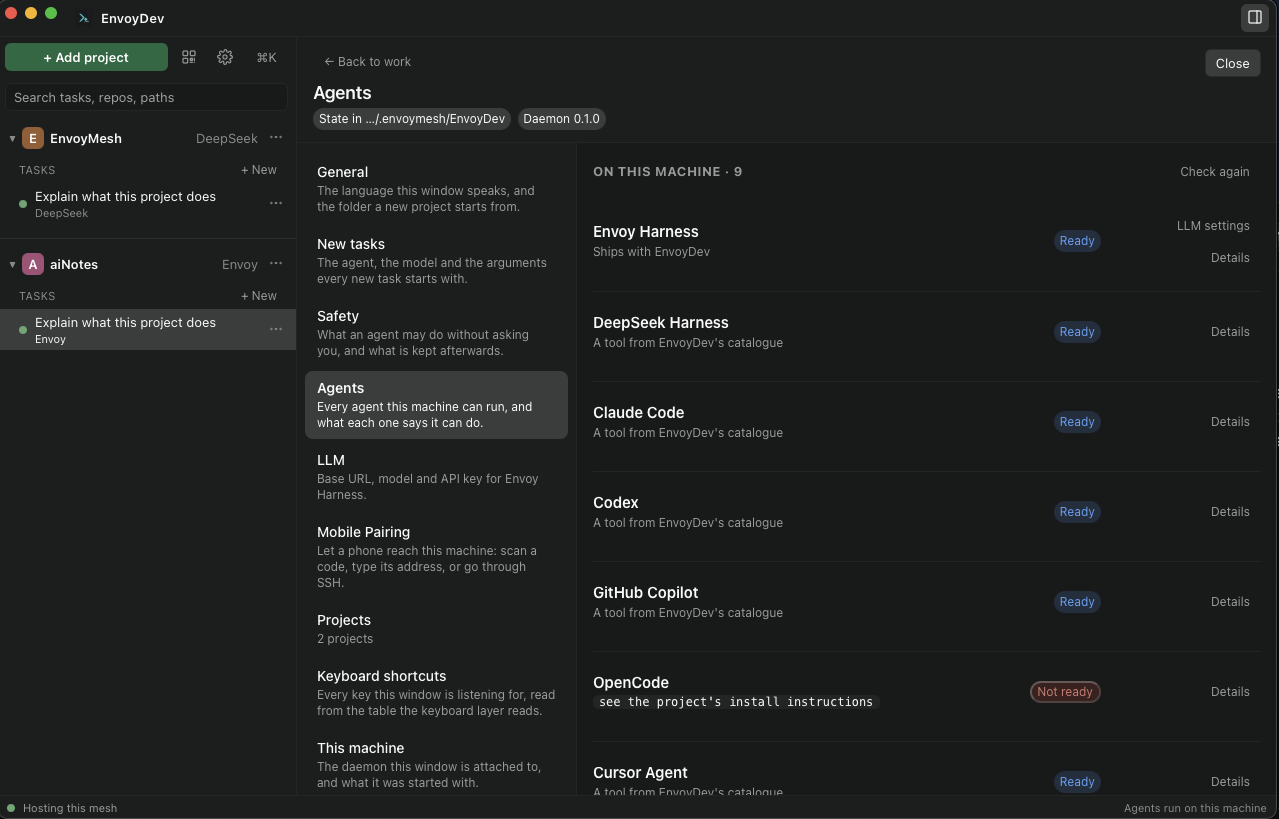 EnvoyDev coding agents settings — every catalogued harness with readiness status