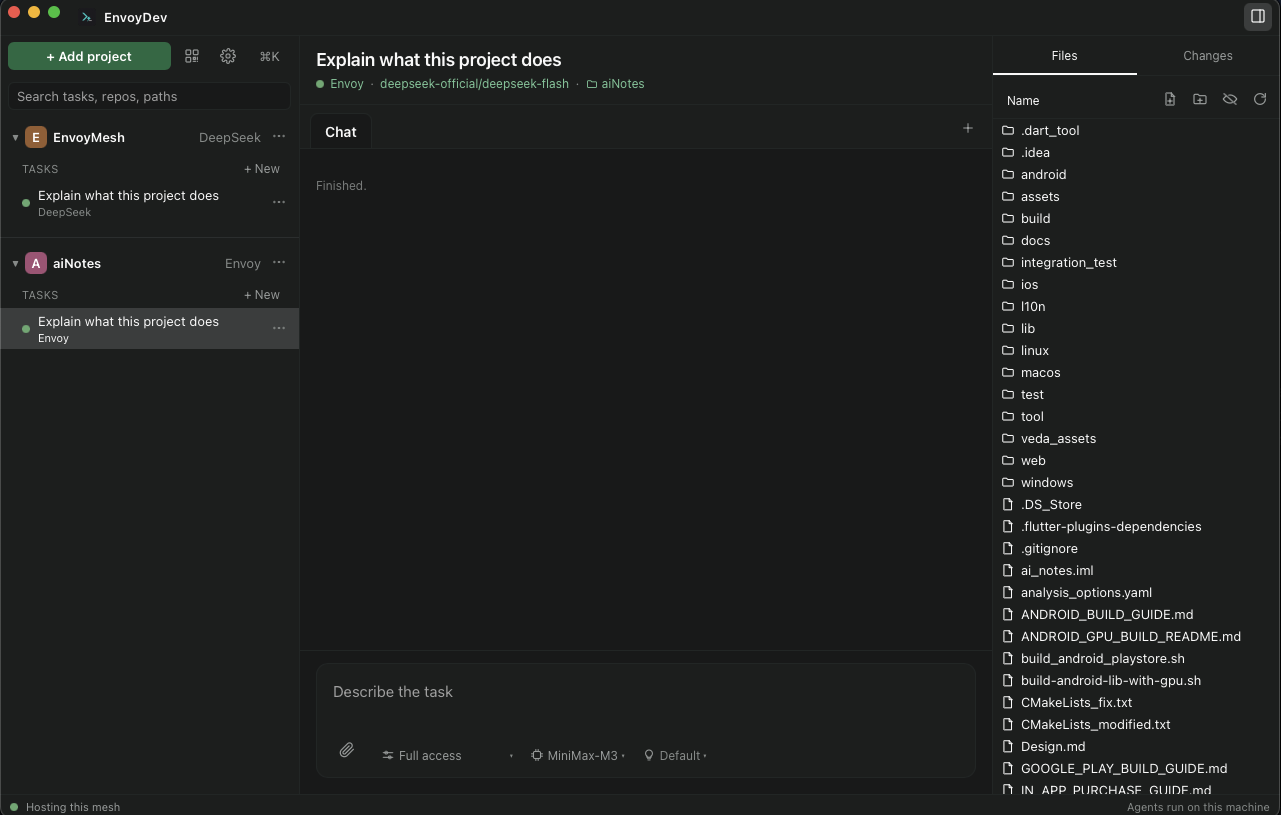 EnvoyDev desktop — one task, one transcript, every agent