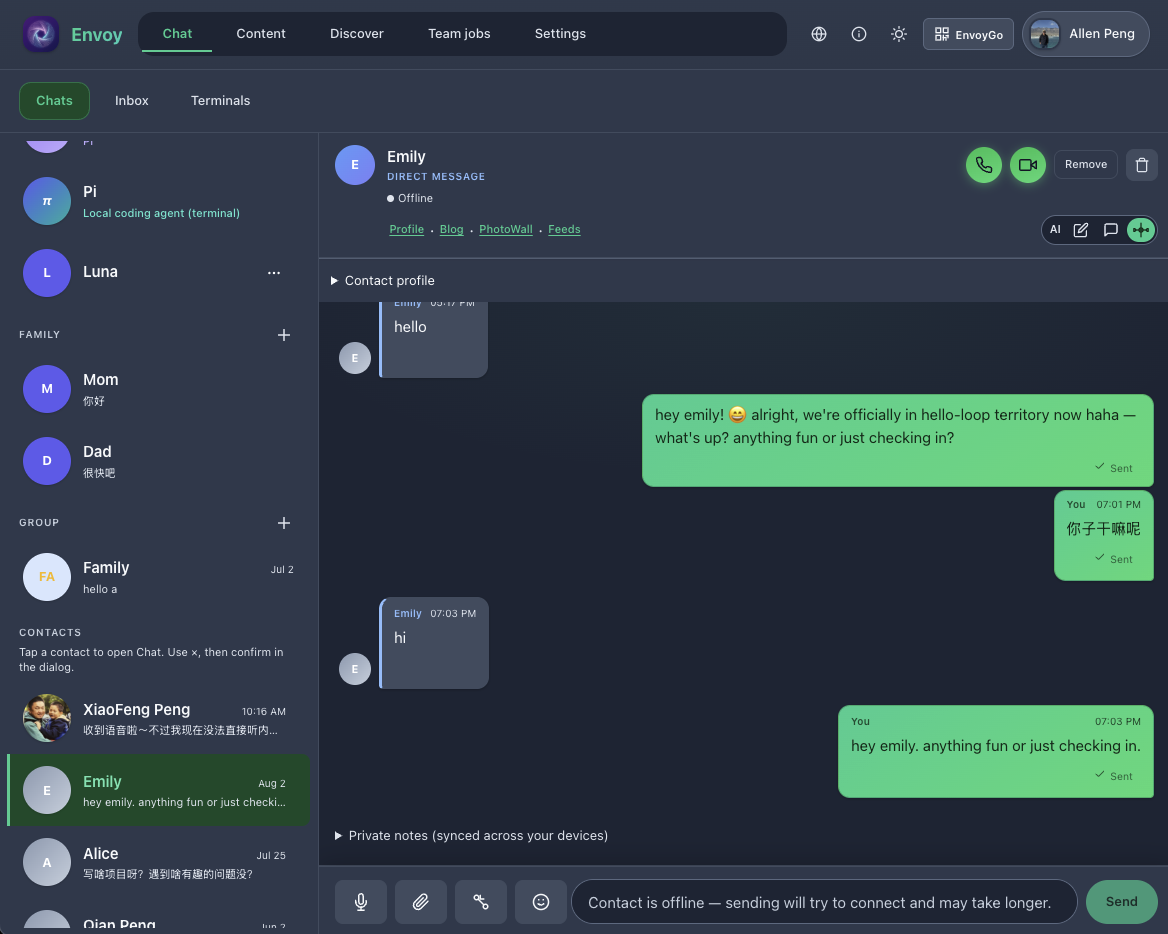 P2P chat on EnvoyMesh desktop